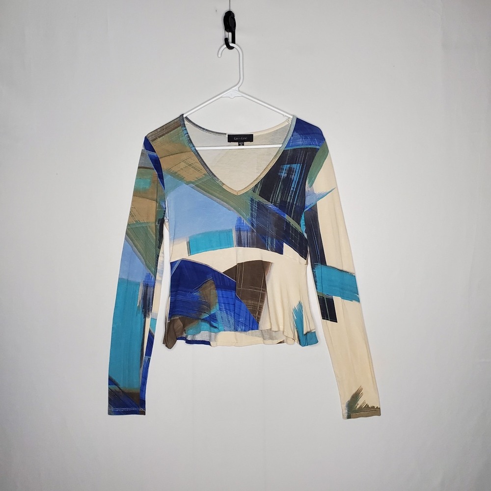 Karen Kane Vtg Y2K Peplum Empire Abstract Top Women Medium Forest Fairy Indie...